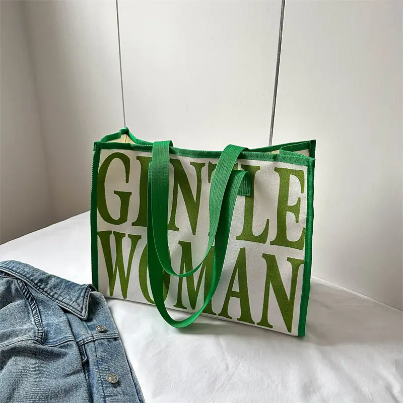 Green Letter Canvas Tote Bag for Women 2023 - Image 4