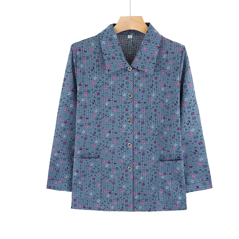 Old Lady Chiffon Shirt Blue Pink Print 70yo - Image 3