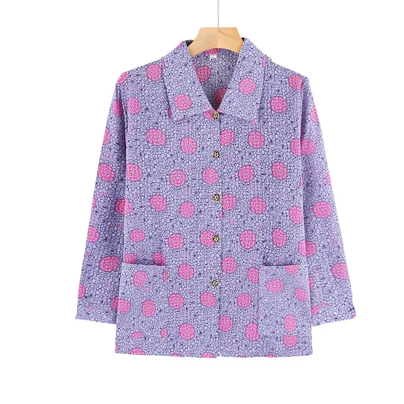 Old Lady Chiffon Shirt Blue Pink Print 70yo - Image 6