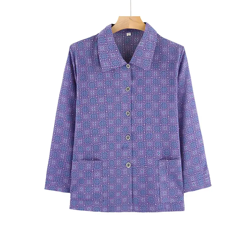 Old Lady Chiffon Shirt Blue Pink Print 70yo - Image 34