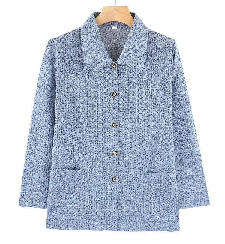 Old Lady Chiffon Shirt Blue Pink Print 70yo — feature 24