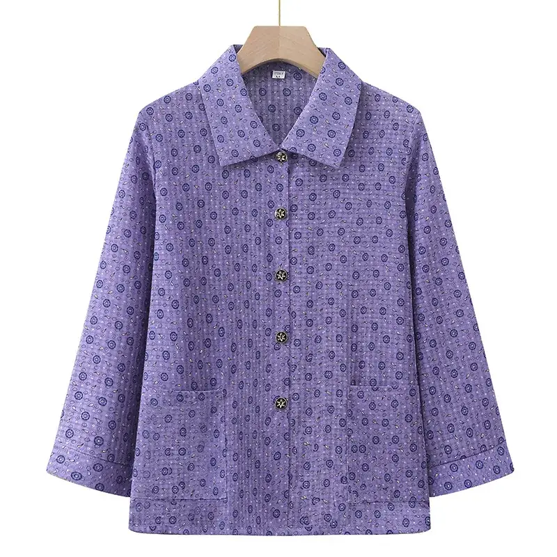 Old Lady Chiffon Shirt Blue Pink Print 70yo - Image 10
