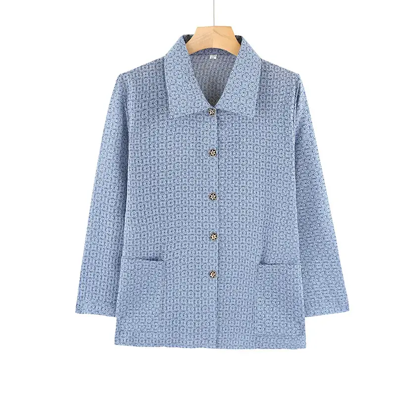 Old Lady Chiffon Shirt Blue Pink Print 70yo - Image 11