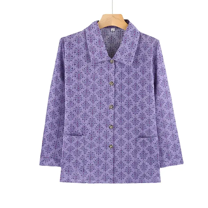 Old Lady Chiffon Shirt Blue Pink Print 70yo - Image 12
