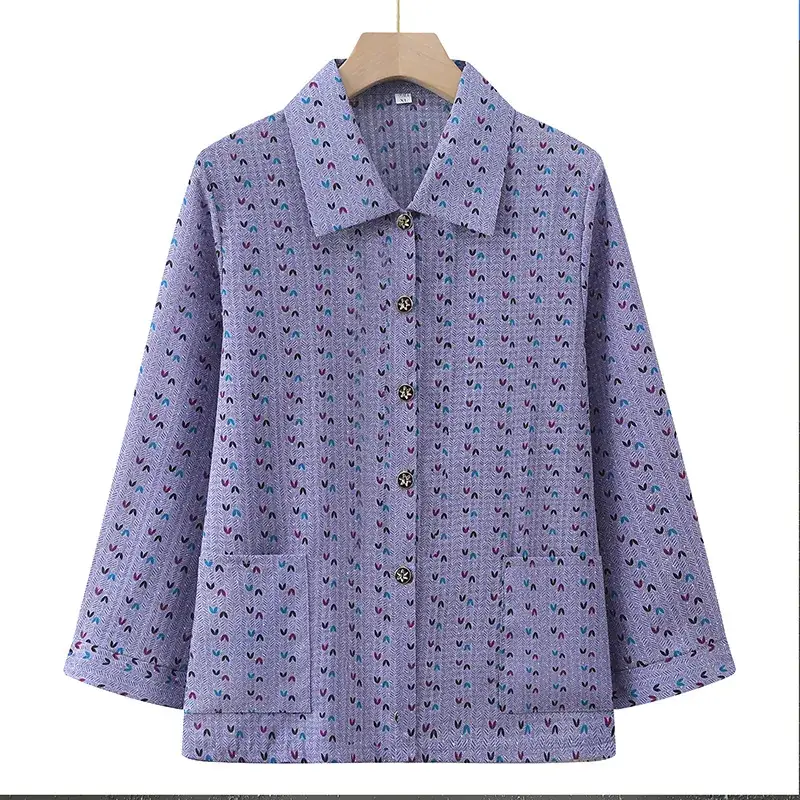 Old Lady Chiffon Shirt Blue Pink Print 70yo - Image 14
