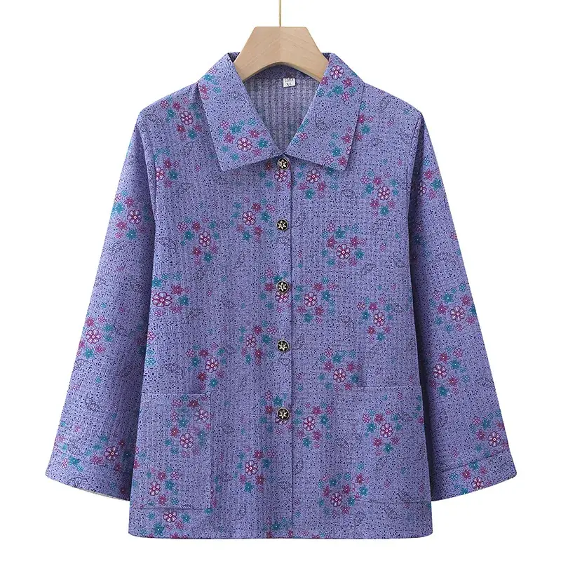 Old Lady Chiffon Shirt Blue Pink Print 70yo - Image 15