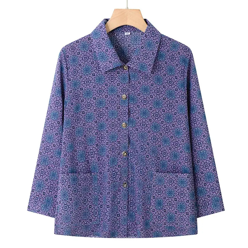 Old Lady Chiffon Shirt Blue Pink Print 70yo - Image 18