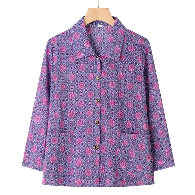 Old Lady Chiffon Shirt Blue Pink Print 70yo - Image 19