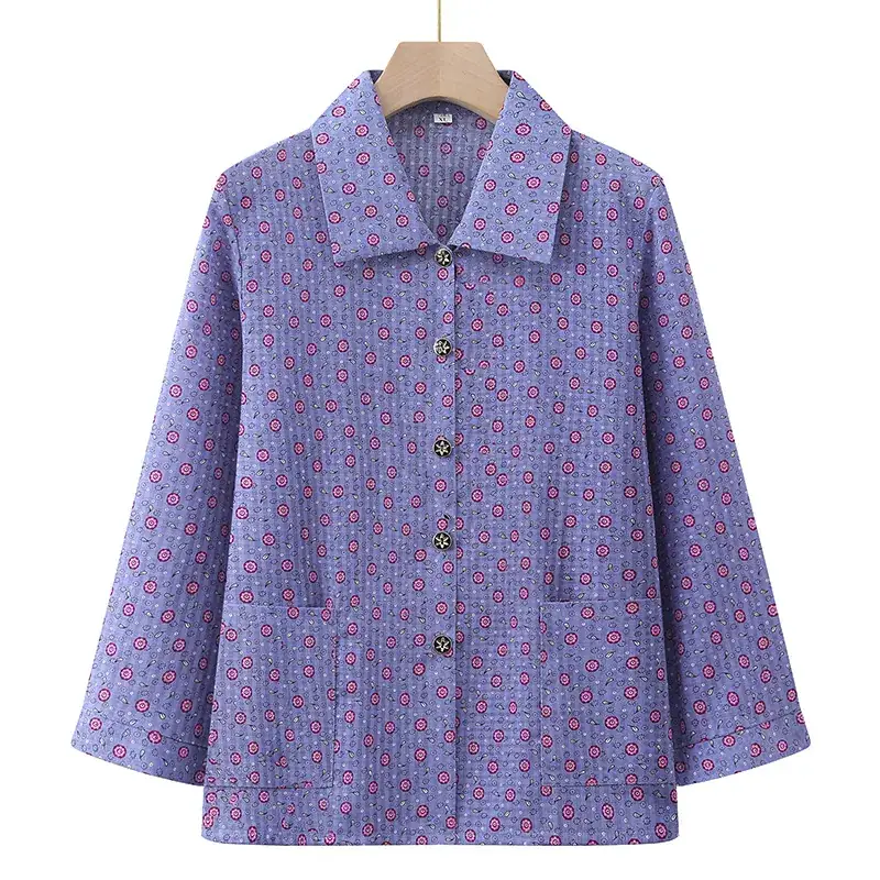 Old Lady Chiffon Shirt Blue Pink Print 70yo - Image 2