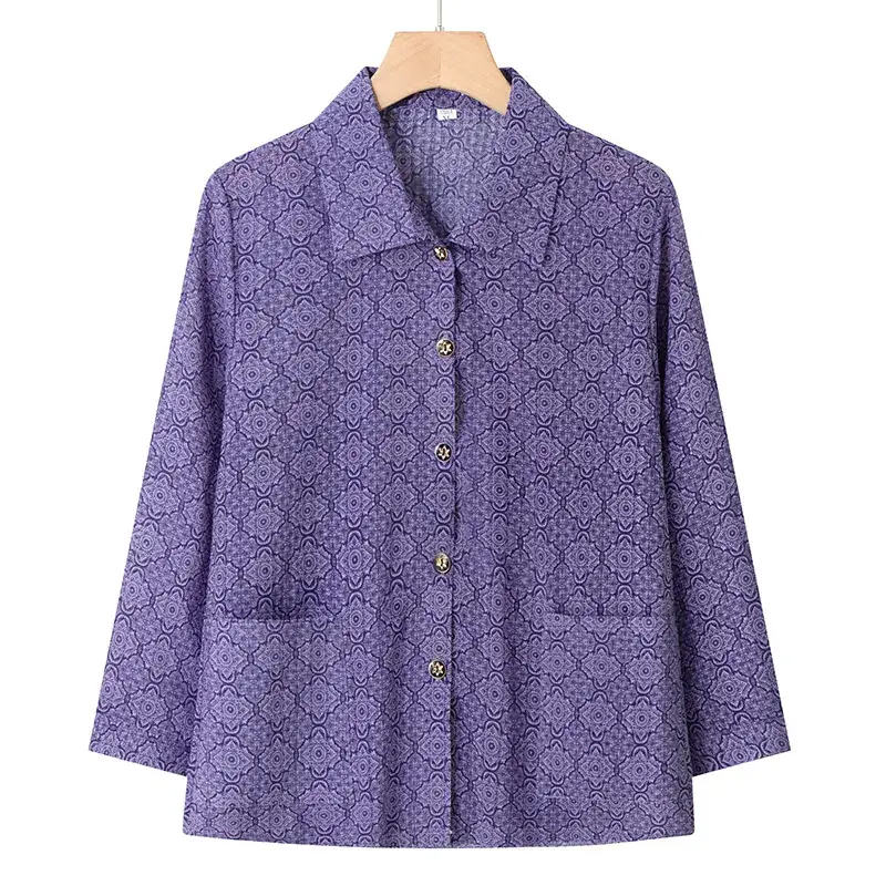 Old Lady Chiffon Shirt Blue Pink Print 70yo - Image 20