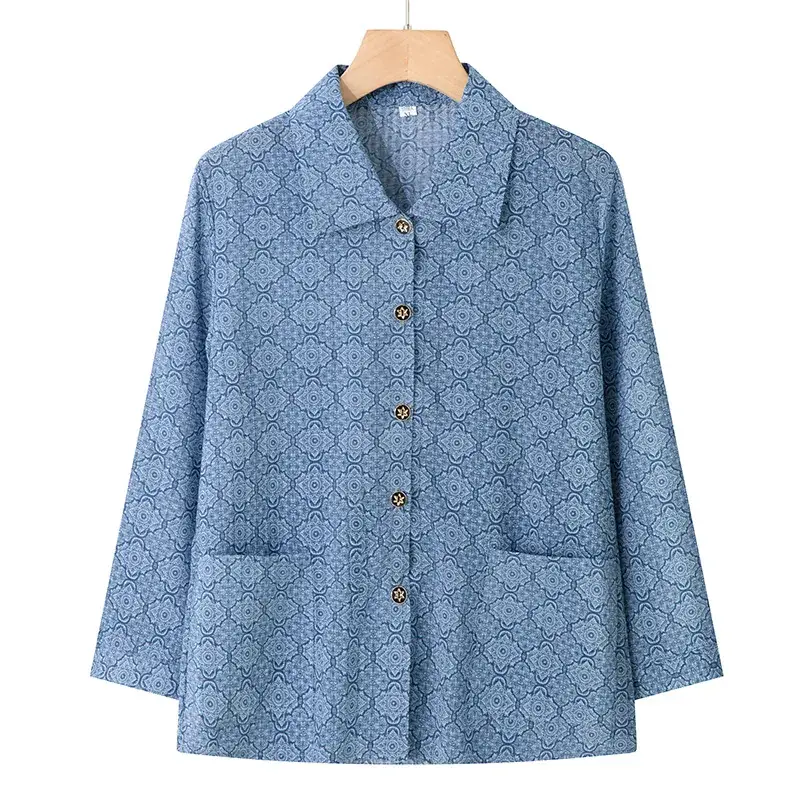 Old Lady Chiffon Shirt Blue Pink Print 70yo - Image 21