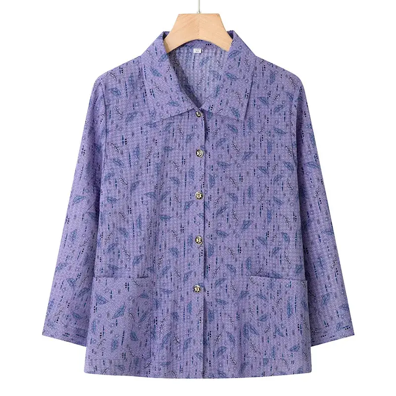Old Lady Chiffon Shirt Blue Pink Print 70yo - Image 22