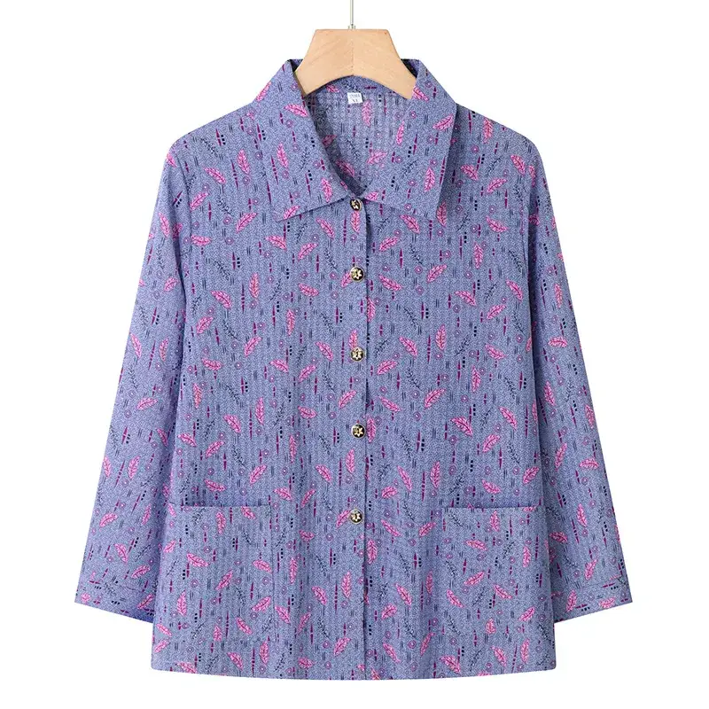Old Lady Chiffon Shirt Blue Pink Print 70yo - Image 23