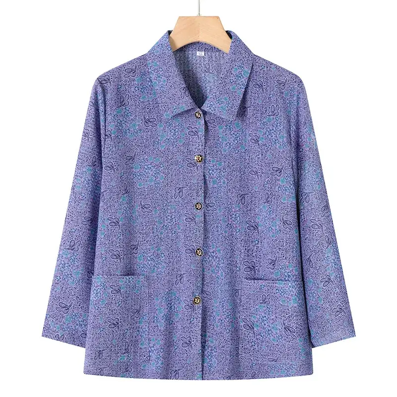 Old Lady Chiffon Shirt Blue Pink Print 70yo - Image 24