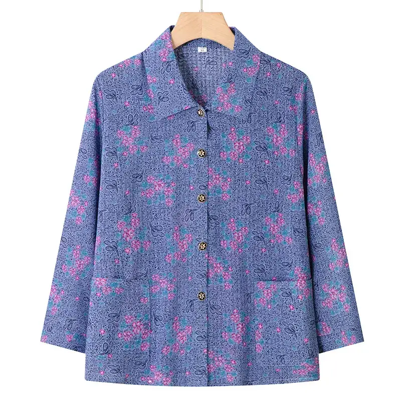 Old Lady Chiffon Shirt Blue Pink Print 70yo - Image 25