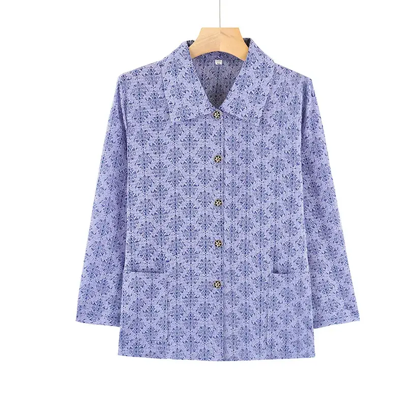 Old Lady Chiffon Shirt Blue Pink Print 70yo - Image 9