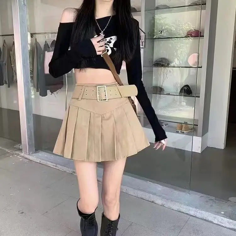 Hot Girl Pleated Skirt with Belt High Waist — feature 1