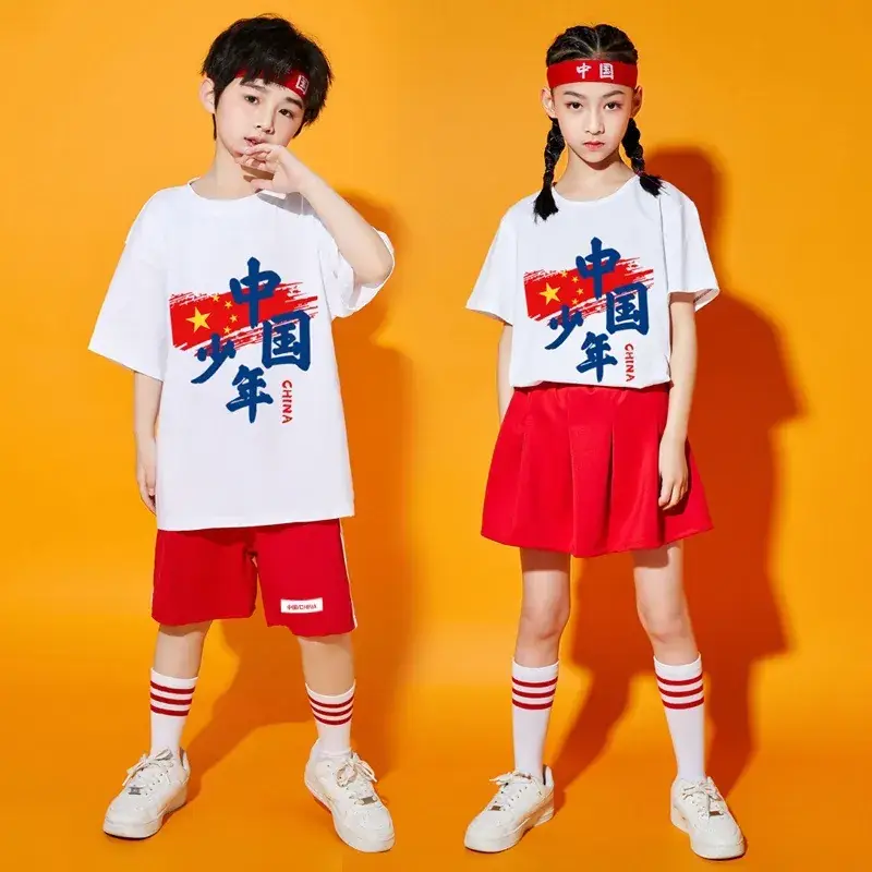 Chinese Kids Red T-Shirt Shorts Set for School Dance - Image 12