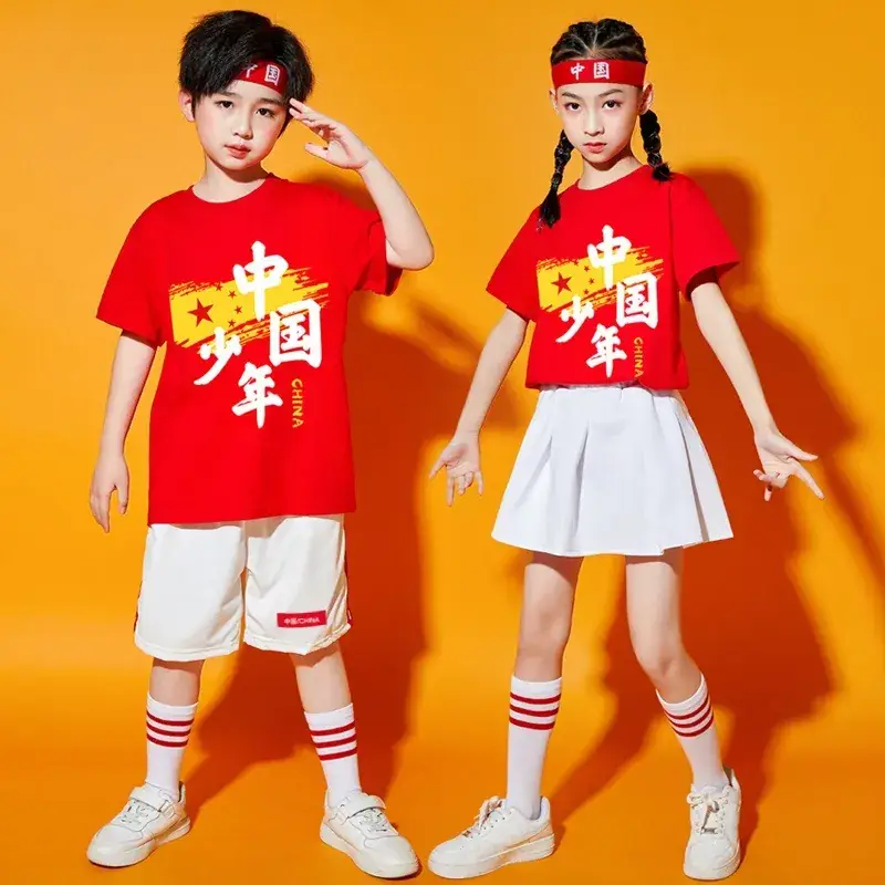 Chinese Kids Red T-Shirt Shorts Set for School Dance - Image 13