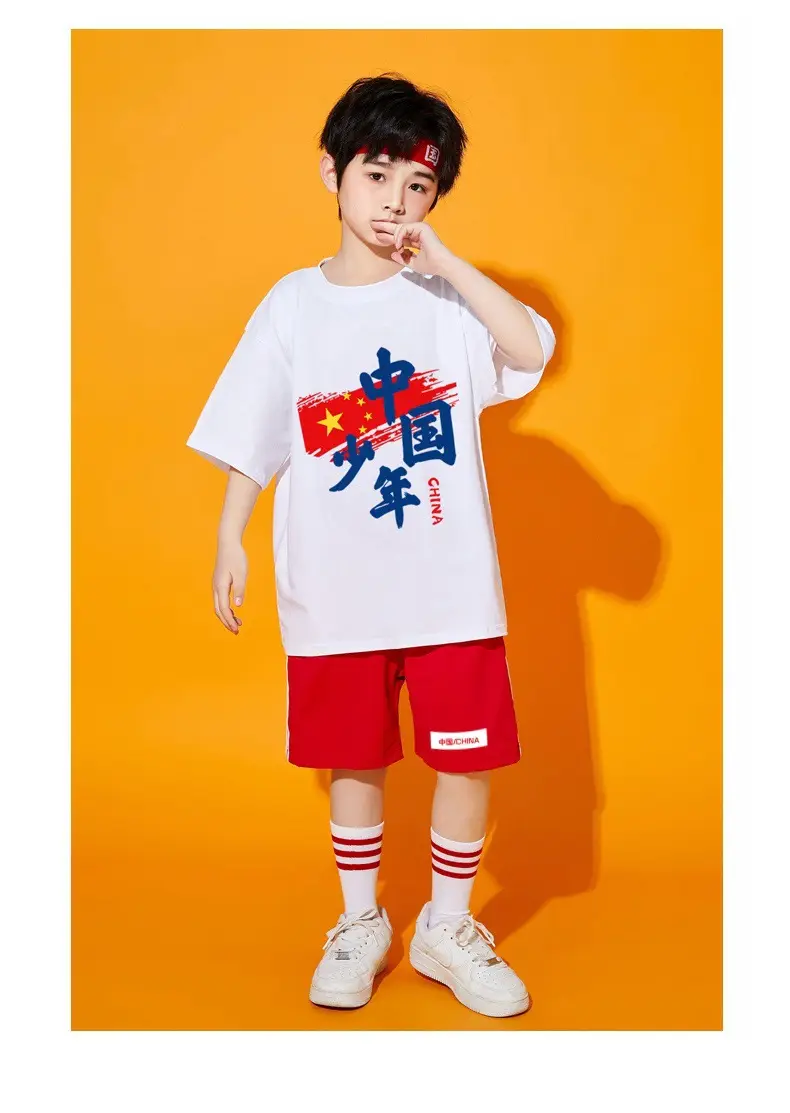 Chinese Kids Red T-Shirt Shorts Set for School Dance — feature 11