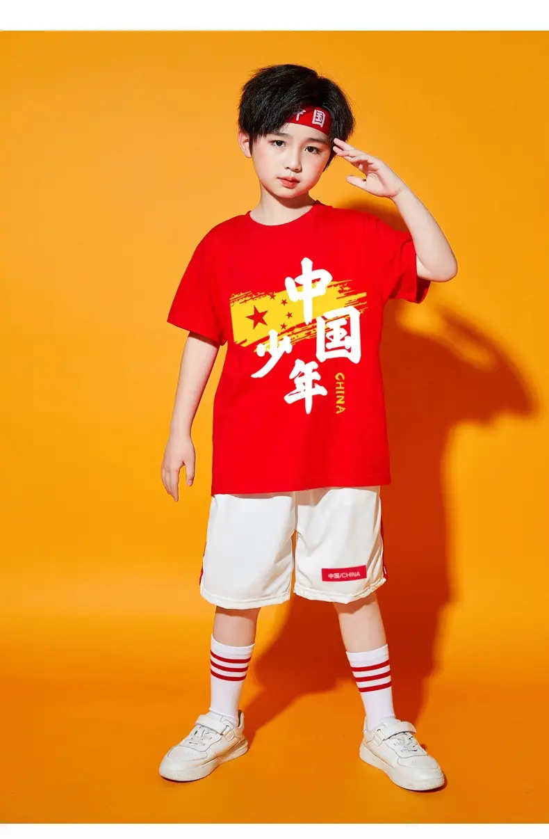 Chinese Kids Red T-Shirt Shorts Set for School Dance — feature 13