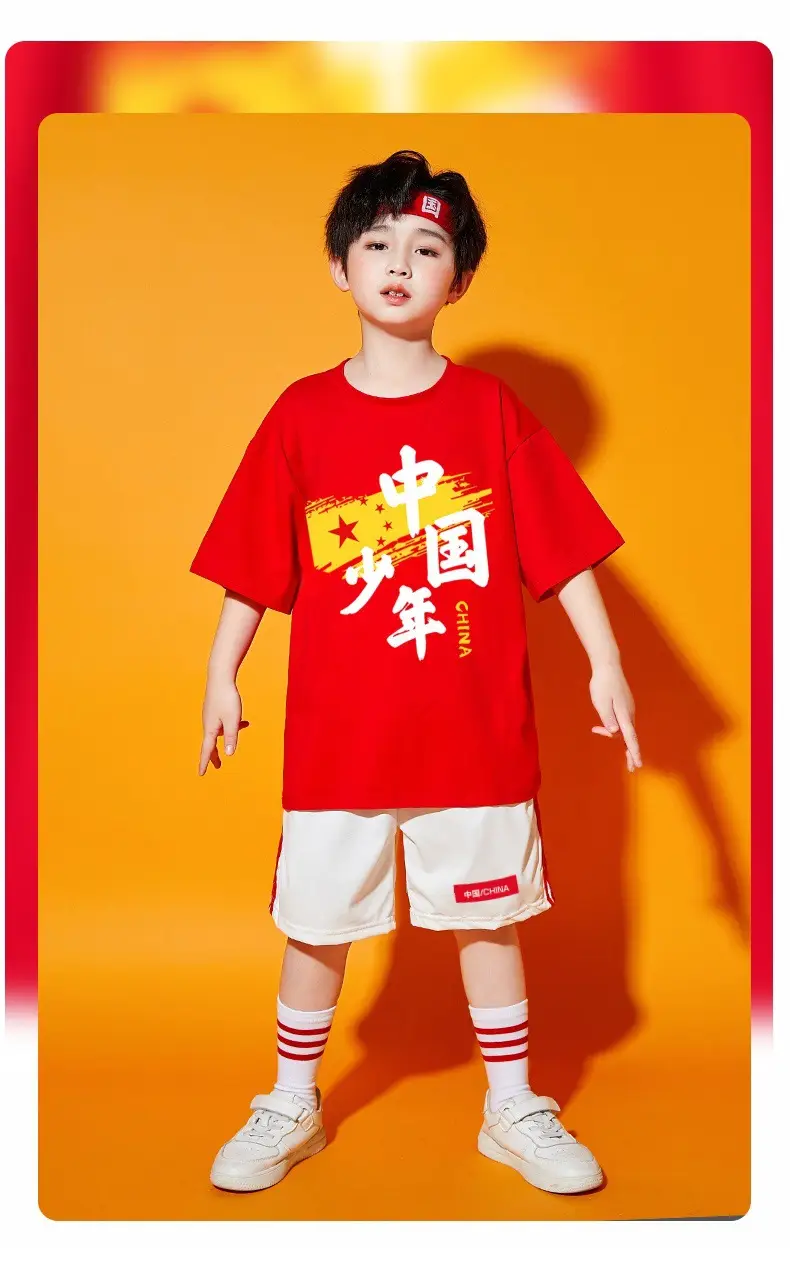 Chinese Kids Red T-Shirt Shorts Set for School Dance — feature 14