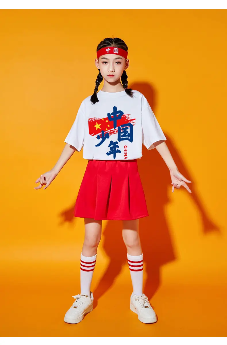Chinese Kids Red T-Shirt Shorts Set for School Dance — feature 16
