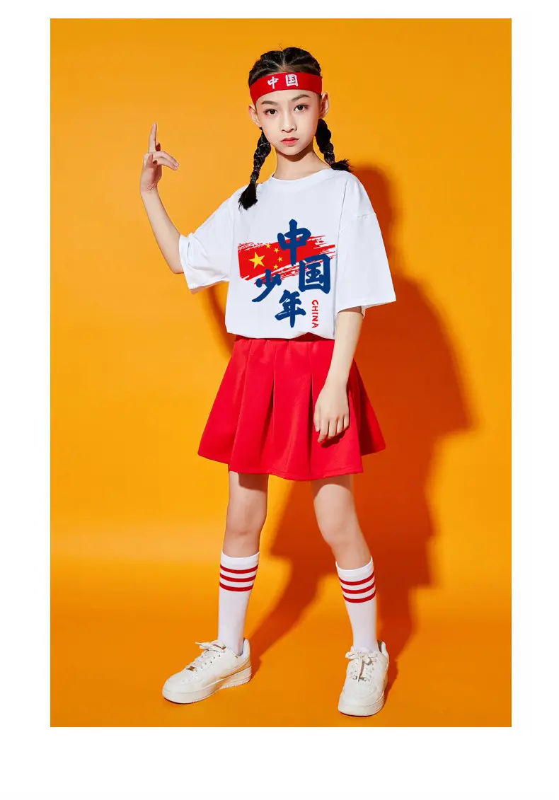 Chinese Kids Red T-Shirt Shorts Set for School Dance — feature 17