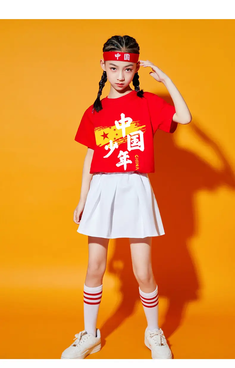 Chinese Kids Red T-Shirt Shorts Set for School Dance — feature 19
