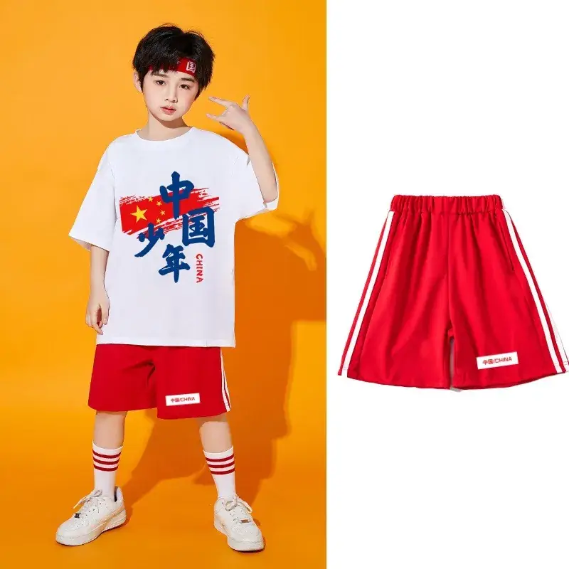 Chinese Kids Red T-Shirt Shorts Set for School Dance - Image 10