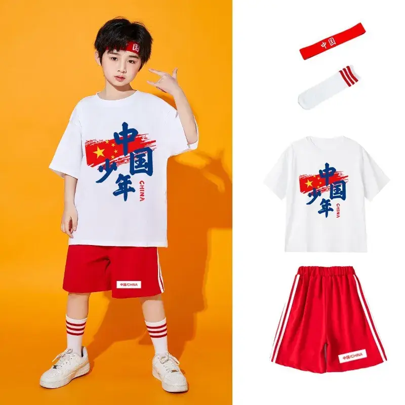Chinese Kids Red T-Shirt Shorts Set for School Dance - Image 2