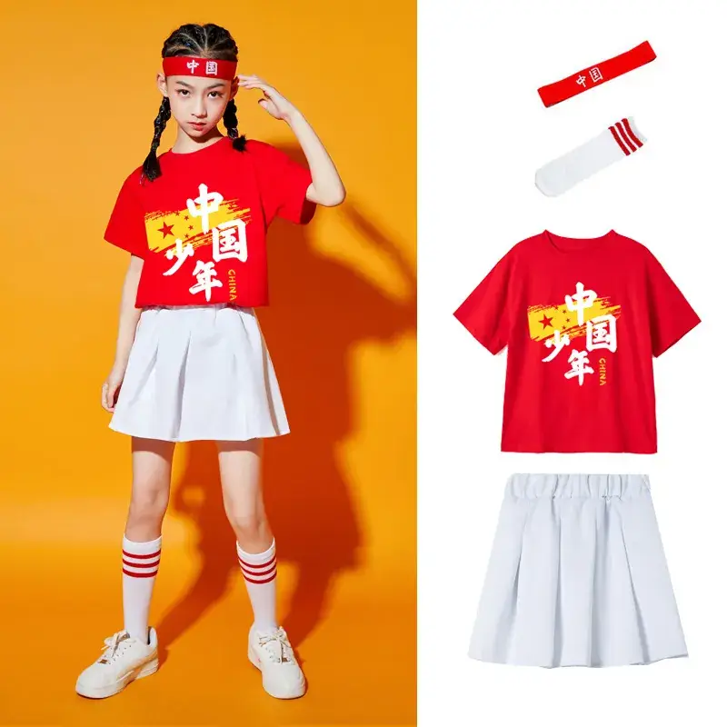 Chinese Kids Red T-Shirt Shorts Set for School Dance - Image 3