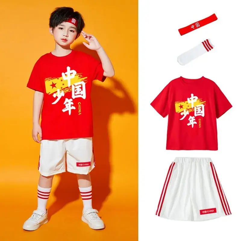 Chinese Kids Red T-Shirt Shorts Set for School Dance - Image 4