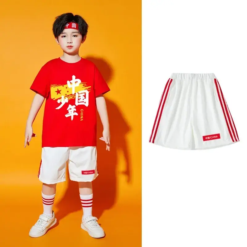 Chinese Kids Red T-Shirt Shorts Set for School Dance - Image 9