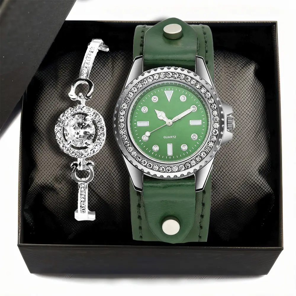 Green Water Dial Women's Quartz Watch Set