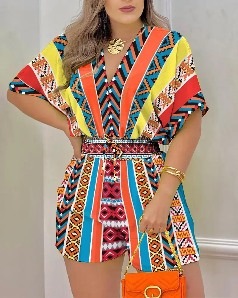 2024 Summer V Neck Lace-Up Jumpsuit Set - Image 2