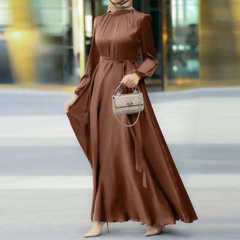 Women Muslim Long Sleeve Robe Dress Maroon Tight Waist