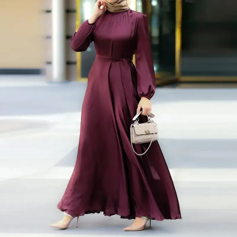 Women Muslim Long Sleeve Robe Dress Maroon Tight Waist