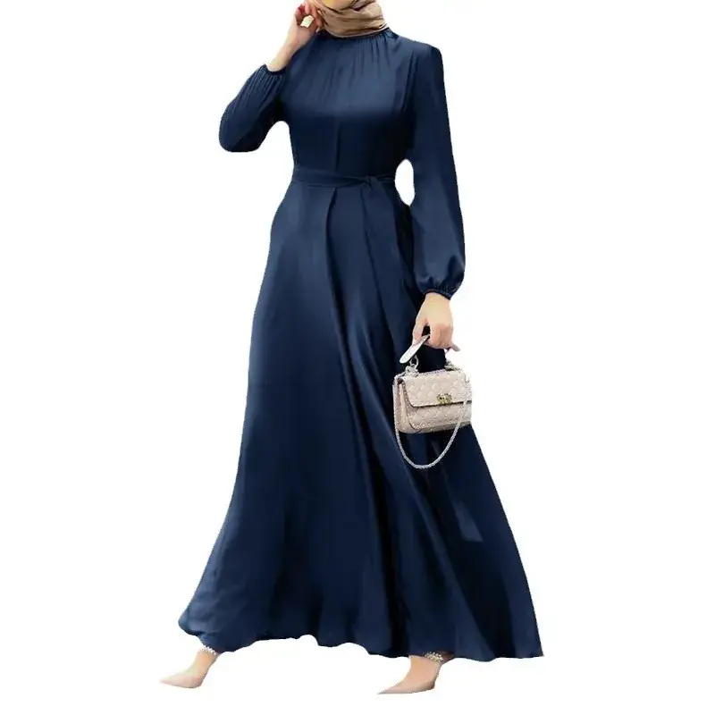 Women Muslim Long Sleeve Robe Dress Maroon Tight Waist