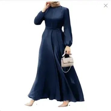 Women Muslim Long Sleeve Robe Dress Maroon Tight Waist