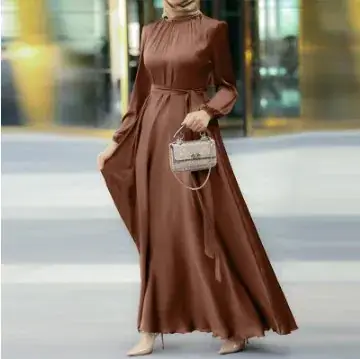 Women Muslim Long Sleeve Robe Dress Maroon Tight Waist