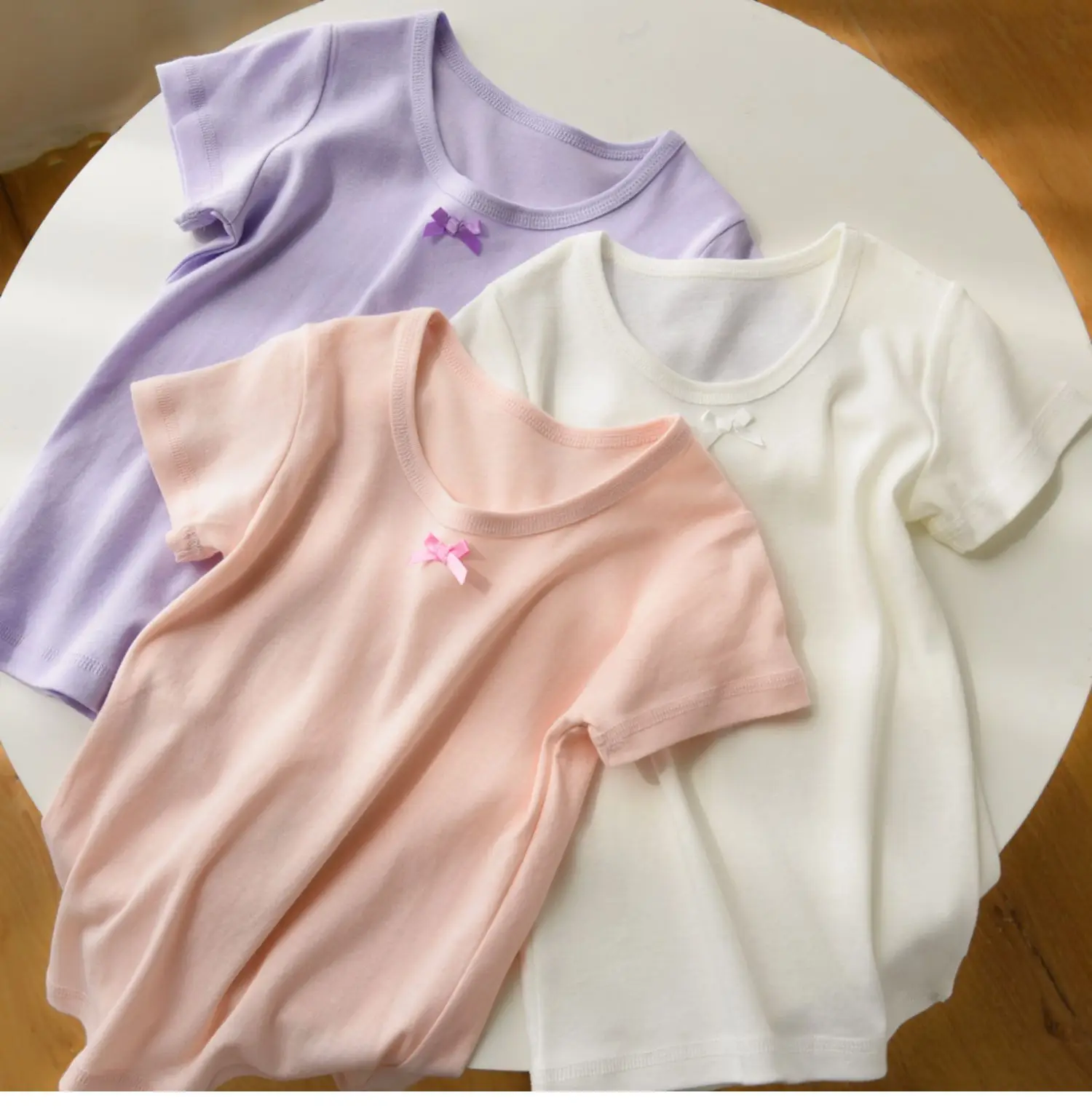 Lilac Cotton Round Neck Bow Short Sleeve Girl's T-Shirt — feature 24