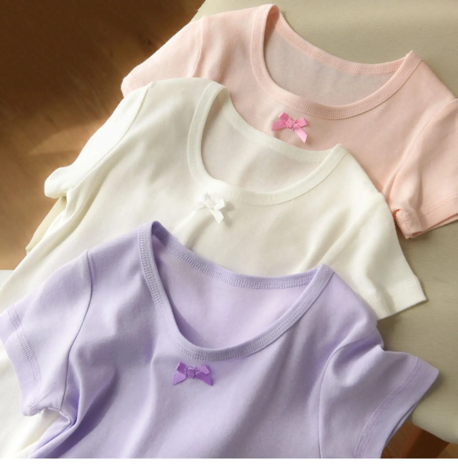 Lilac Cotton Round Neck Bow Short Sleeve Girl's T-Shirt — feature 25