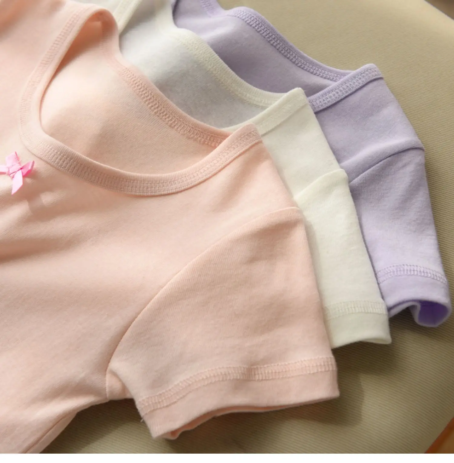 Lilac Cotton Round Neck Bow Short Sleeve Girl's T-Shirt — feature 26