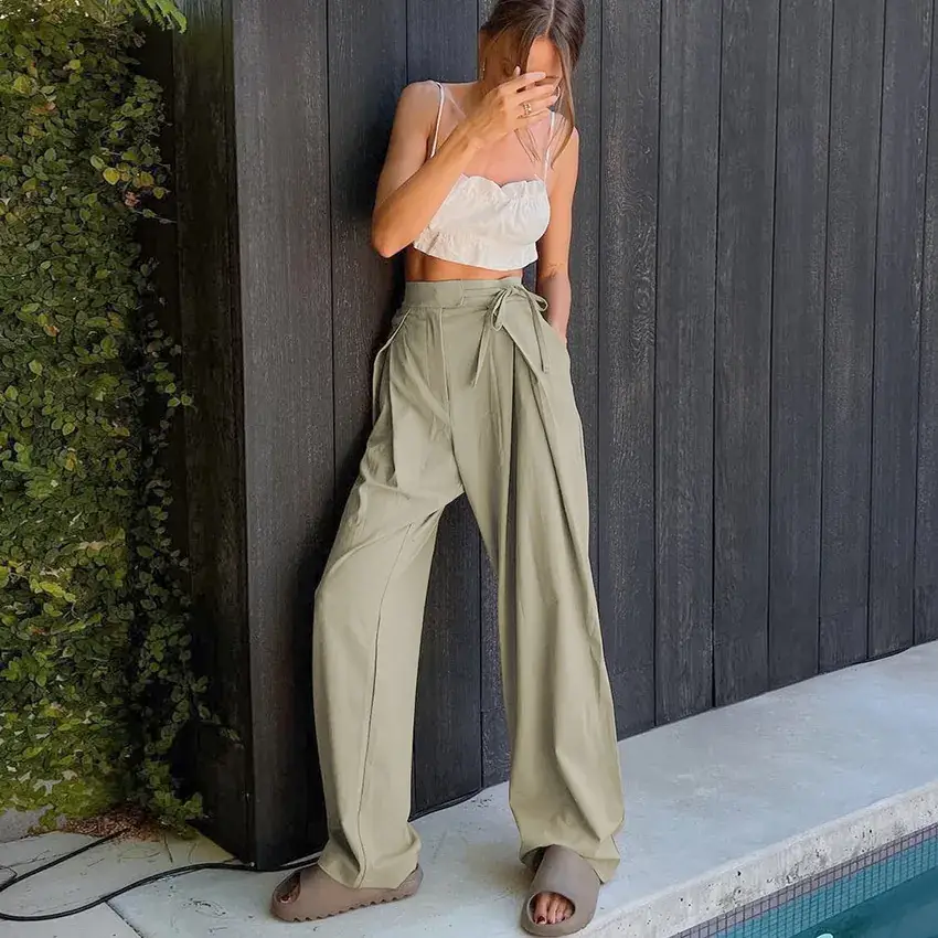 Women Loose Red Wide Leg Pants High Waist Casual Summer - Image 10