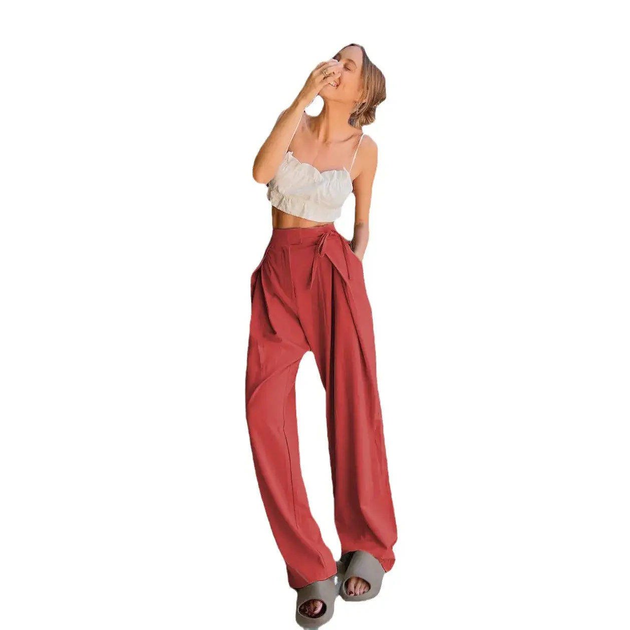 Women Loose Red Wide Leg Pants High Waist Casual Summer - Image 11