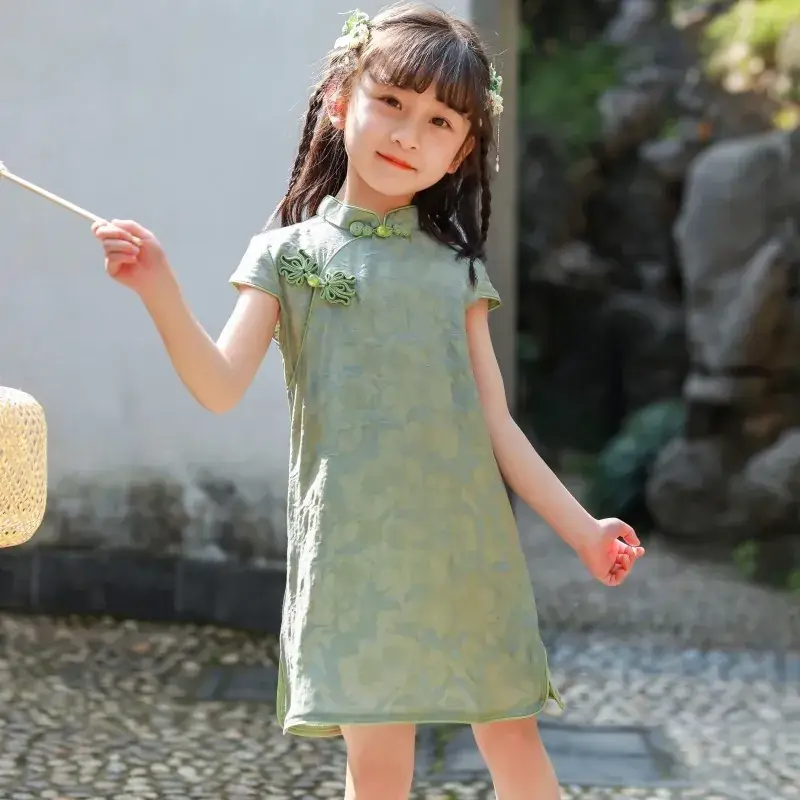 Girls Chinese Style 2025 Dress Pure Color Thin Cheongsam - Image 3