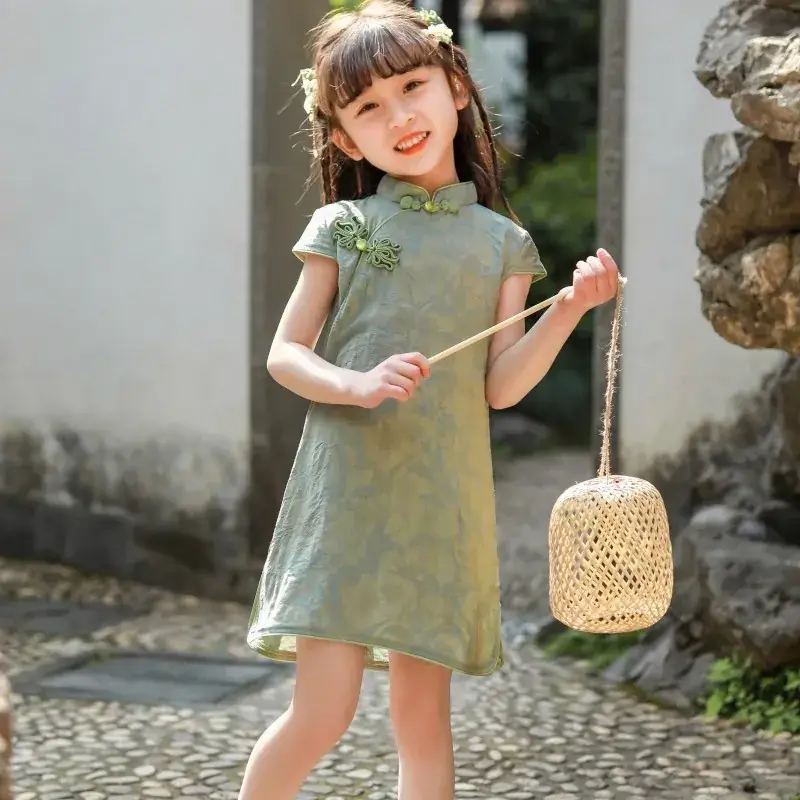 Girls Chinese Style 2025 Dress Pure Color Thin Cheongsam - Image 4