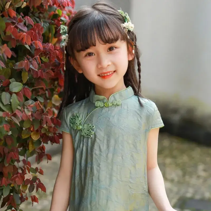 Girls Chinese Style 2025 Dress Pure Color Thin Cheongsam - Image 5