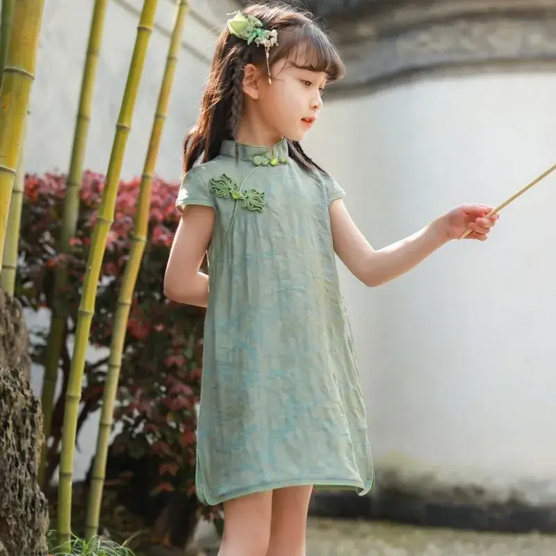 Girls Chinese Style 2025 Dress Pure Color Thin Cheongsam - Image 6